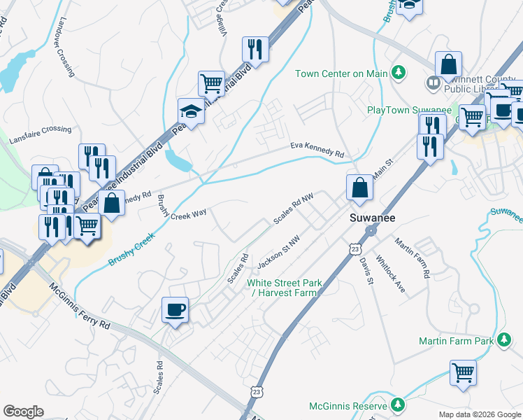 map of restaurants, bars, coffee shops, grocery stores, and more near 3797 Brushy Ridge Way in Suwanee