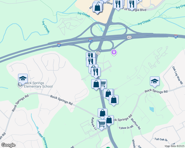 map of restaurants, bars, coffee shops, grocery stores, and more near Brand Smart Way in Buford