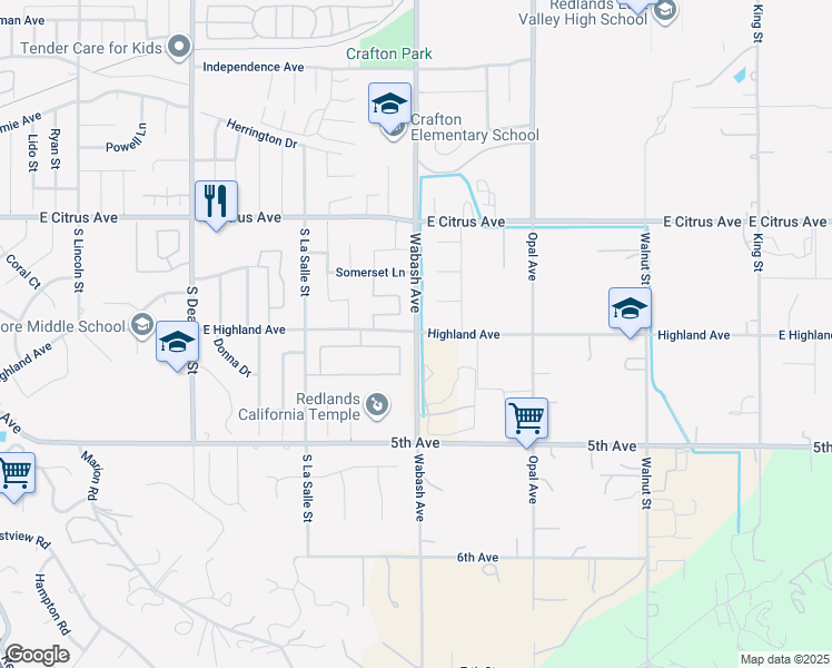 map of restaurants, bars, coffee shops, grocery stores, and more near 310 South Wabash Avenue in Redlands