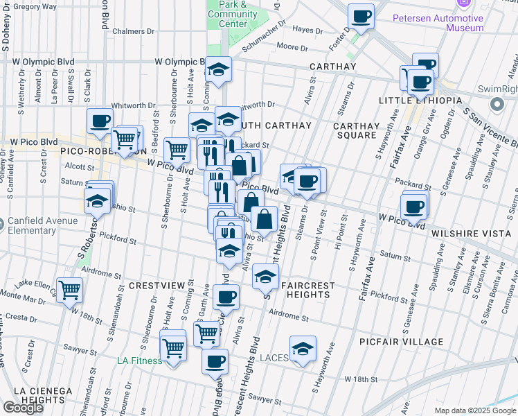 map of restaurants, bars, coffee shops, grocery stores, and more near 6111 Cashio Street in Los Angeles