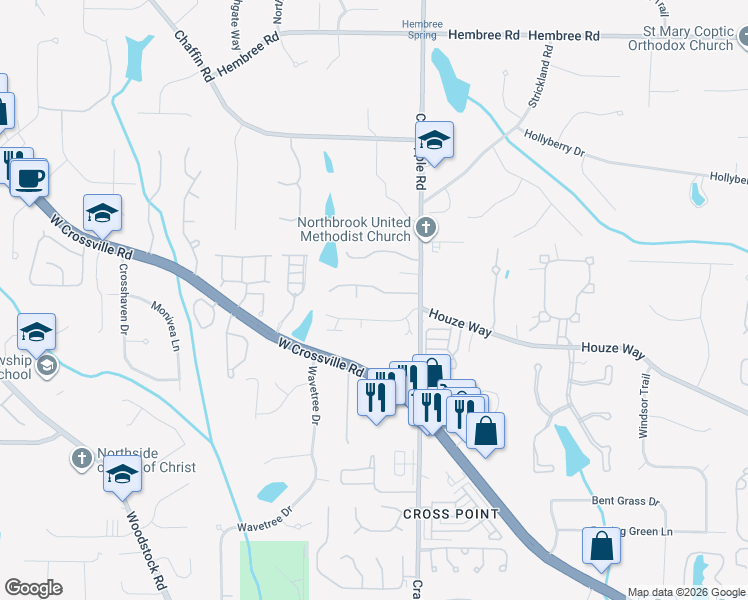 map of restaurants, bars, coffee shops, grocery stores, and more near 308 Roswell Green Lane in Roswell
