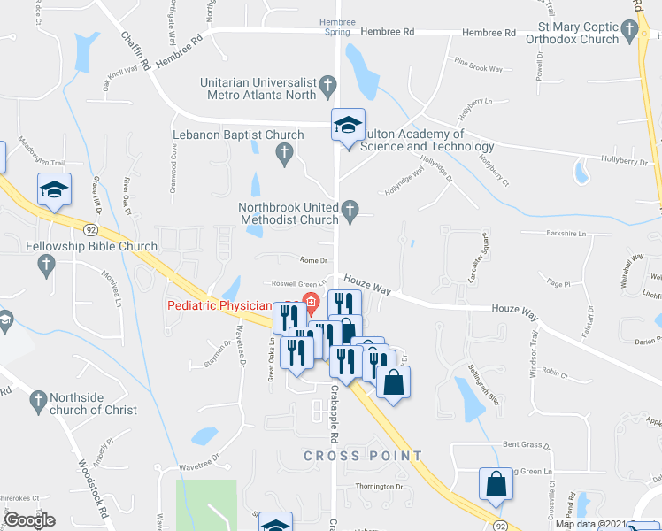 map of restaurants, bars, coffee shops, grocery stores, and more near 1005 Rome Drive in Roswell