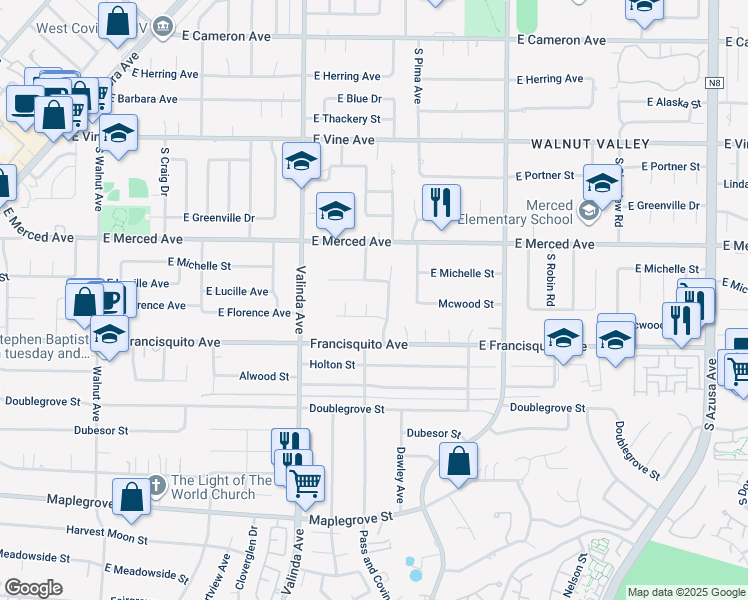 map of restaurants, bars, coffee shops, grocery stores, and more near 1850 North Neff Avenue in La Puente