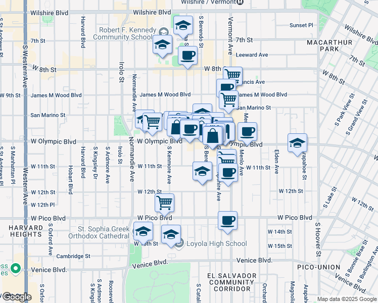 map of restaurants, bars, coffee shops, grocery stores, and more near 1045 South Catalina Street in Los Angeles