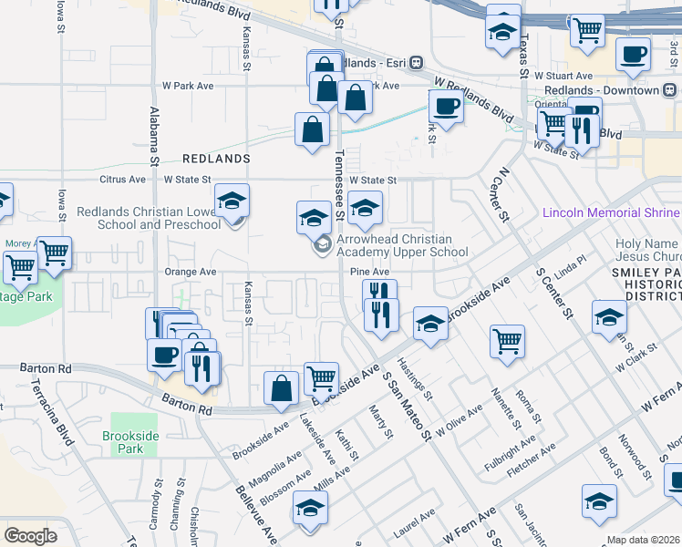 map of restaurants, bars, coffee shops, grocery stores, and more near 94 Tennessee Street in Redlands