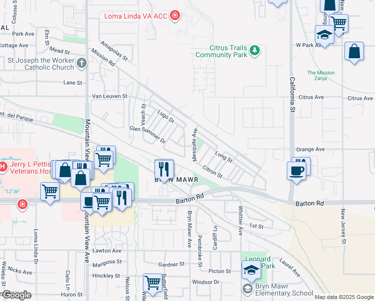 map of restaurants, bars, coffee shops, grocery stores, and more near 11111 Alamo Road in Loma Linda