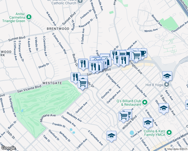 map of restaurants, bars, coffee shops, grocery stores, and more near 11980 San Vicente Boulevard in Los Angeles