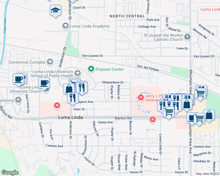 map of restaurants, bars, coffee shops, grocery stores, and more near 11139 Poplar Street in Loma Linda