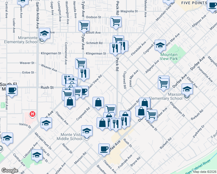 map of restaurants, bars, coffee shops, grocery stores, and more near 2130 Cogswell Road in El Monte