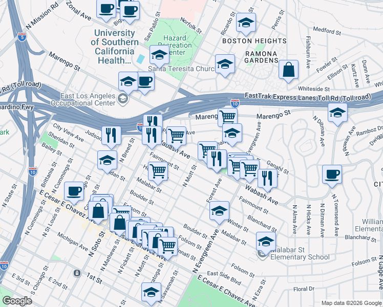 map of restaurants, bars, coffee shops, grocery stores, and more near 2611 Dobinson Street in Los Angeles