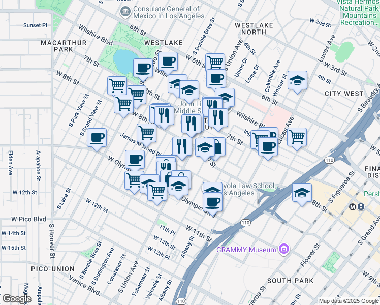map of restaurants, bars, coffee shops, grocery stores, and more near 820 South Union Avenue in Los Angeles
