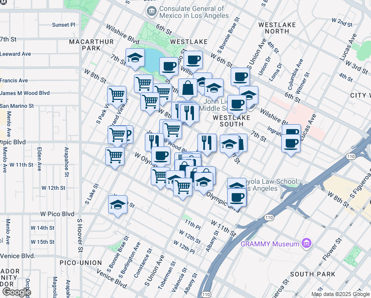 map of restaurants, bars, coffee shops, grocery stores, and more near 1740 James M Wood Boulevard in Los Angeles