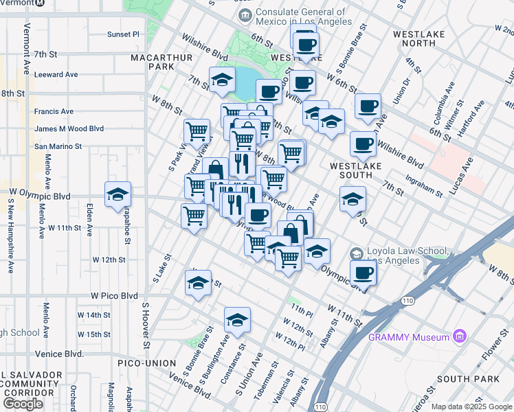 map of restaurants, bars, coffee shops, grocery stores, and more near in Los Angeles