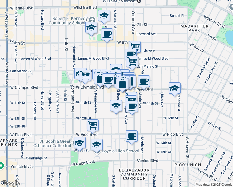 map of restaurants, bars, coffee shops, grocery stores, and more near 1045 South Catalina Street in Los Angeles