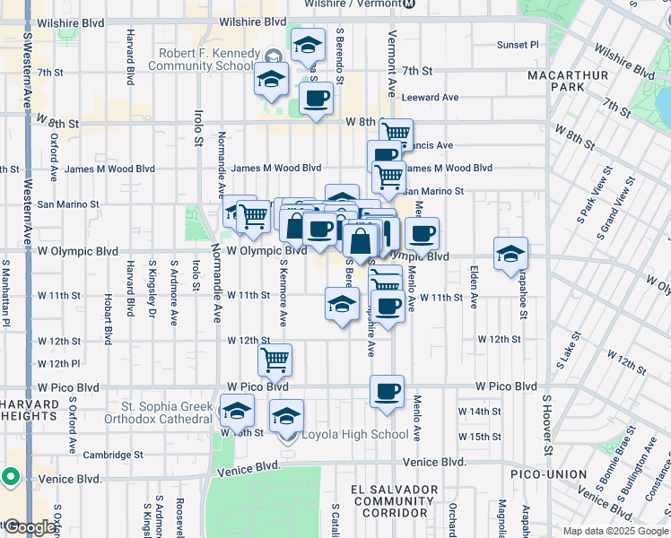 map of restaurants, bars, coffee shops, grocery stores, and more near 1045 South Catalina Street in Los Angeles
