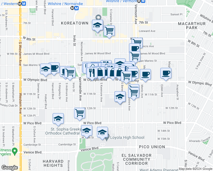 map of restaurants, bars, coffee shops, grocery stores, and more near 1037 Dewey Avenue in Los Angeles