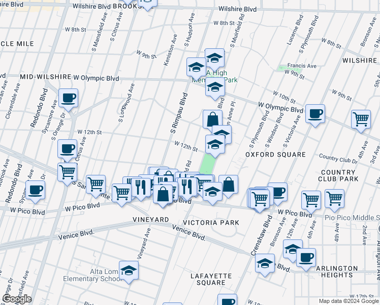 map of restaurants, bars, coffee shops, grocery stores, and more near 1218 South Muirfield Road in Los Angeles
