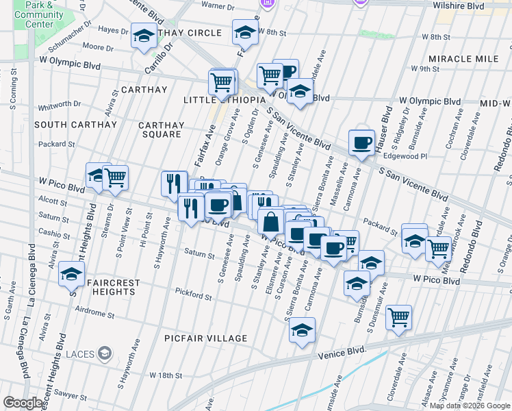 map of restaurants, bars, coffee shops, grocery stores, and more near 1339 South Spaulding Avenue in Los Angeles