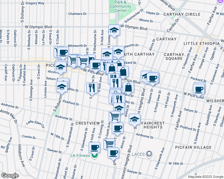 map of restaurants, bars, coffee shops, grocery stores, and more near 8516 1/2 Saturn Street in Los Angeles