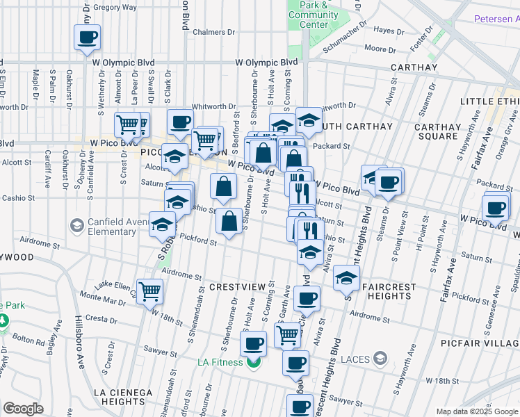 map of restaurants, bars, coffee shops, grocery stores, and more near 1482 South Holt Avenue in Los Angeles