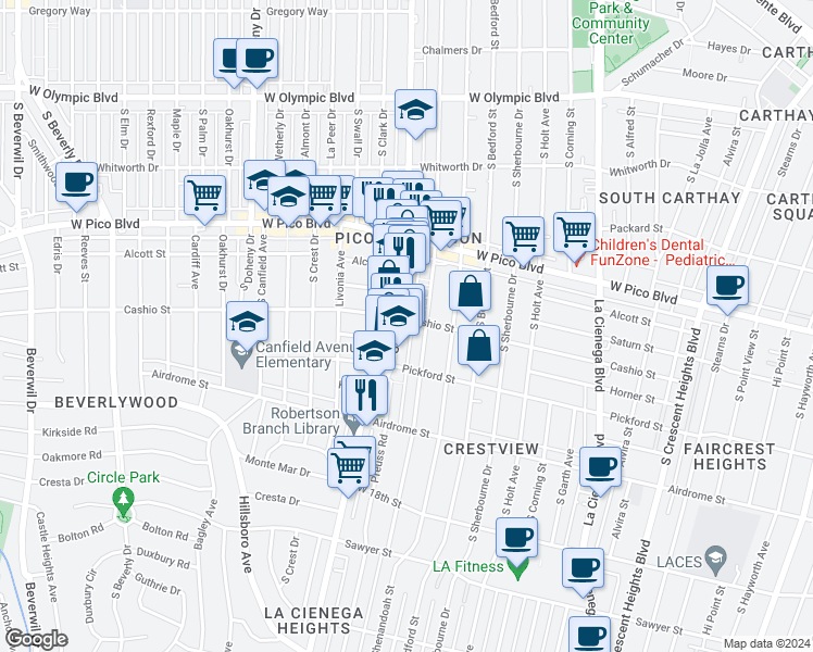 map of restaurants, bars, coffee shops, grocery stores, and more near in Los Angeles