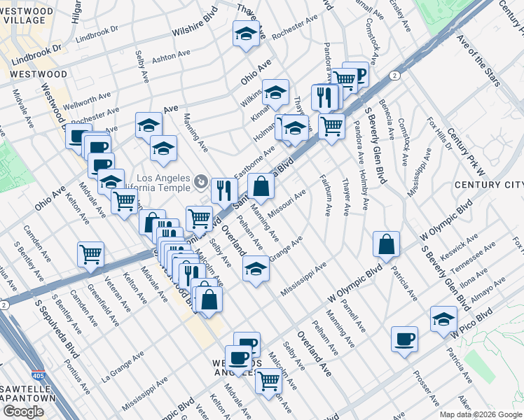 map of restaurants, bars, coffee shops, grocery stores, and more near 1907 Parnell Avenue in Los Angeles