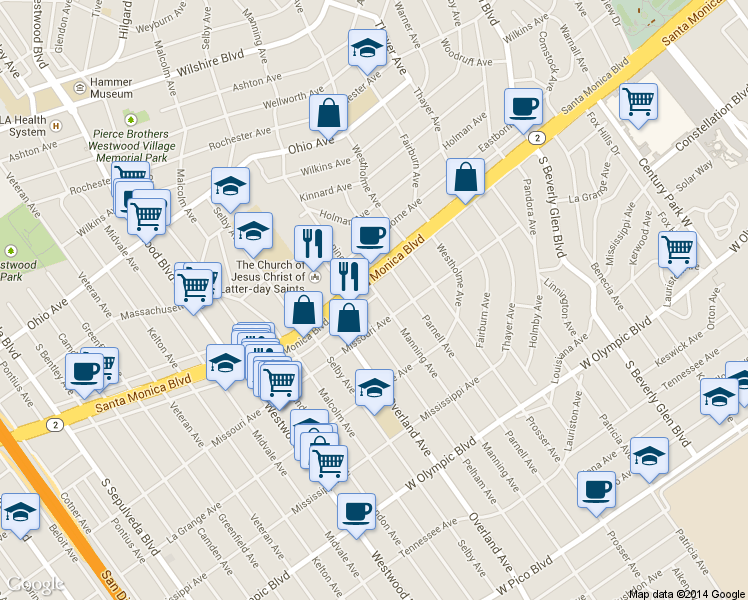 map of restaurants, bars, coffee shops, grocery stores, and more near 1827 Manning Avenue in Los Angeles