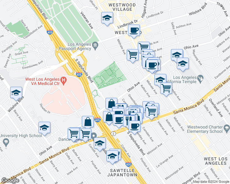 map of restaurants, bars, coffee shops, grocery stores, and more near 1422 South Bentley Avenue in Los Angeles