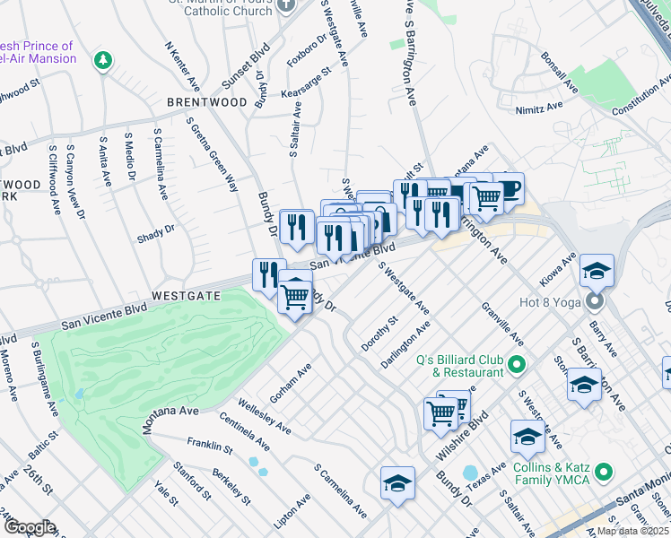 map of restaurants, bars, coffee shops, grocery stores, and more near 11961 Montana Avenue in Los Angeles