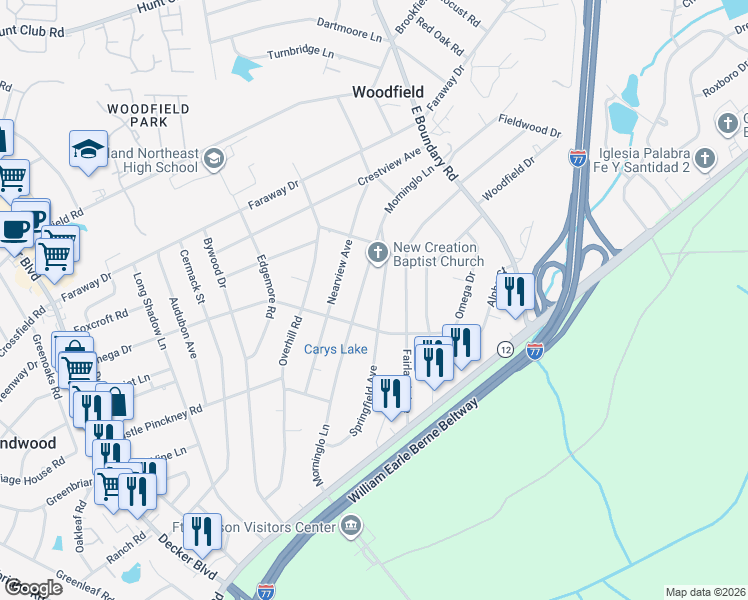 map of restaurants, bars, coffee shops, grocery stores, and more near 1810 Springfield Avenue in Columbia