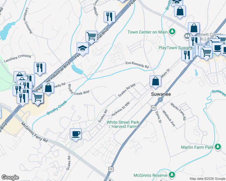 map of restaurants, bars, coffee shops, grocery stores, and more near 3797 Brushy Ridge Way in Suwanee