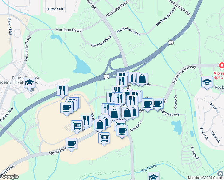 map of restaurants, bars, coffee shops, grocery stores, and more near 1275 North Point Drive in Alpharetta