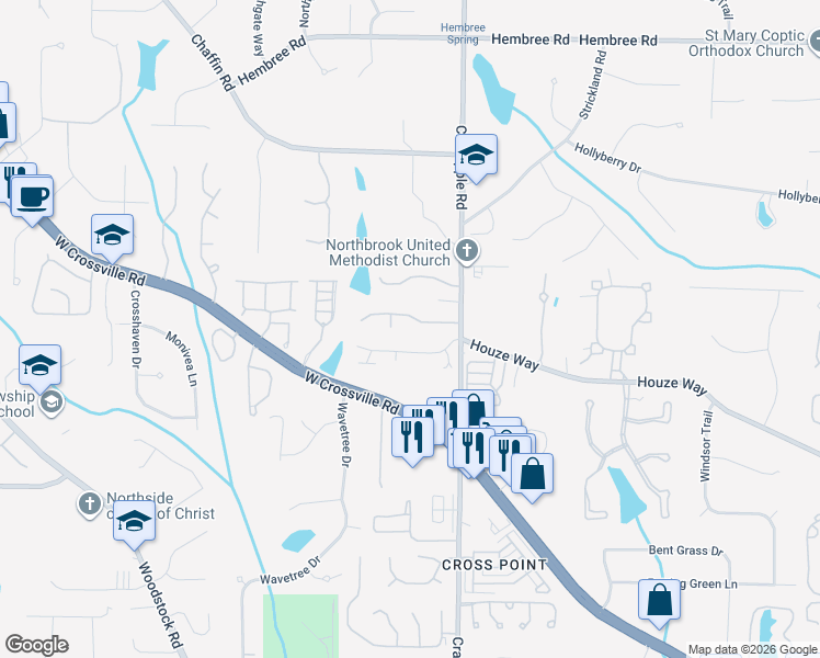 map of restaurants, bars, coffee shops, grocery stores, and more near 308 Roswell Green Lane in Roswell