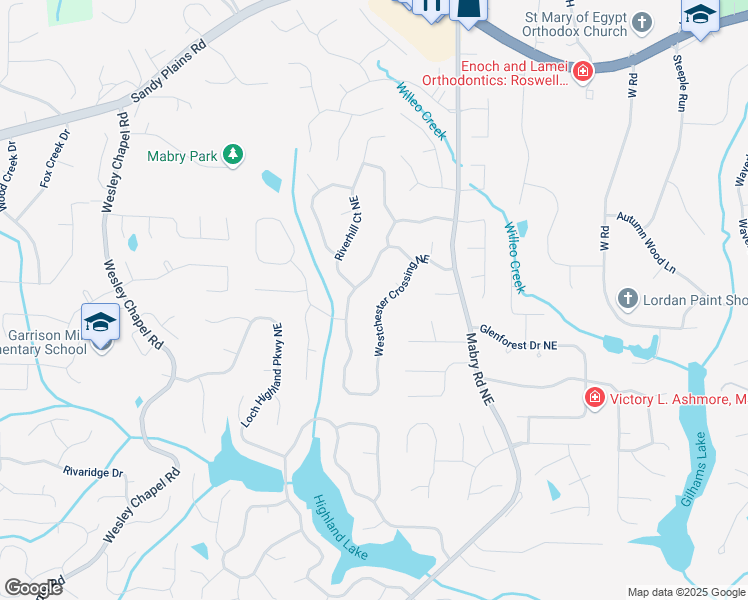map of restaurants, bars, coffee shops, grocery stores, and more near 4179 Westchester Crossing Northeast in Roswell