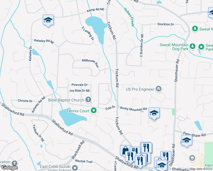 map of restaurants, bars, coffee shops, grocery stores, and more near 4080 Longford Drive Northeast in Marietta