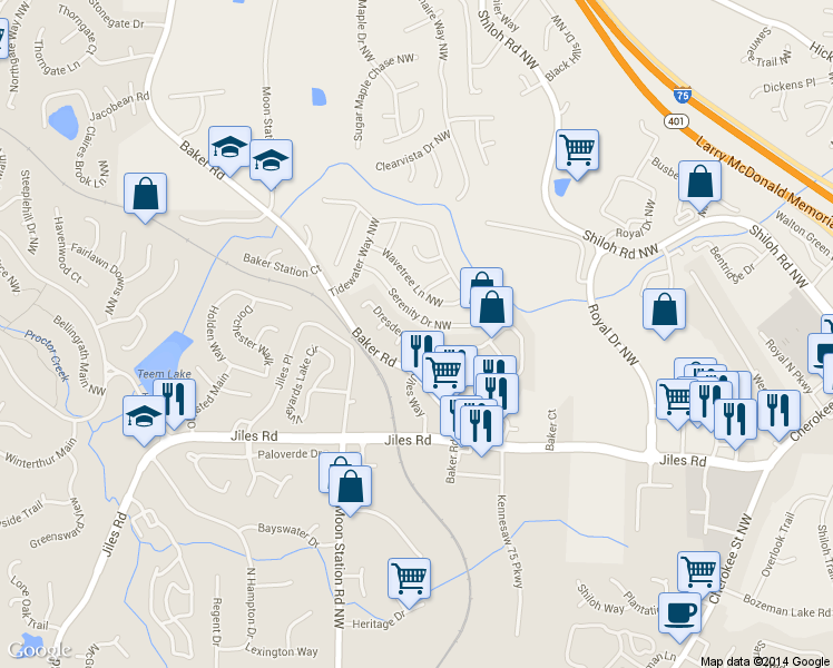 map of restaurants, bars, coffee shops, grocery stores, and more near 4091 Dresden Court Northwest in Kennesaw