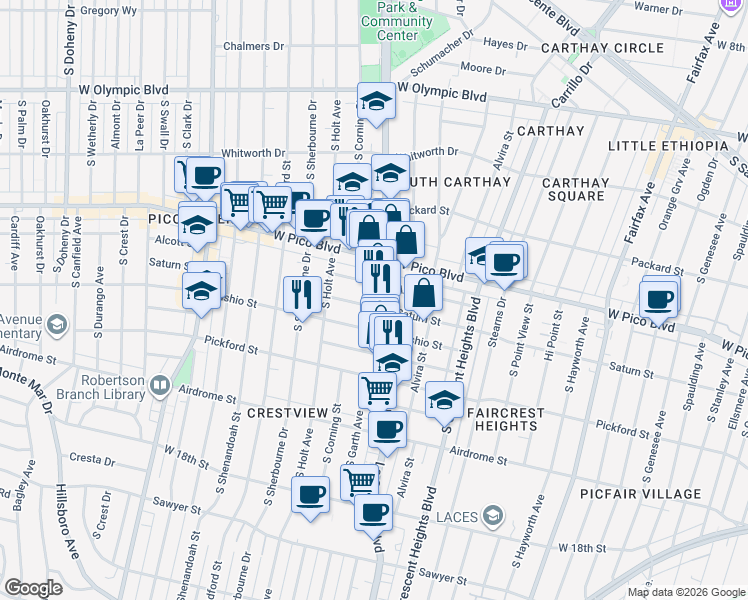 map of restaurants, bars, coffee shops, grocery stores, and more near 8515 Saturn Street in Los Angeles