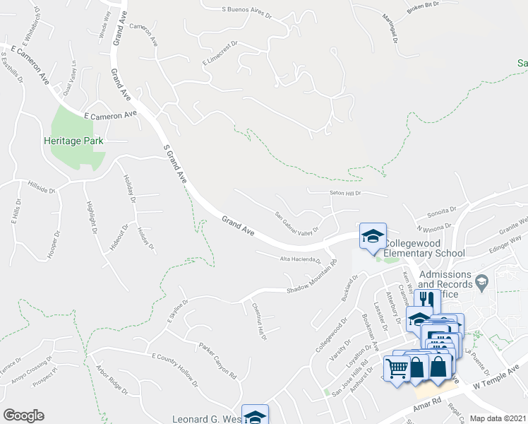 map of restaurants, bars, coffee shops, grocery stores, and more near 20218 San Gabriel Valley Drive in Walnut