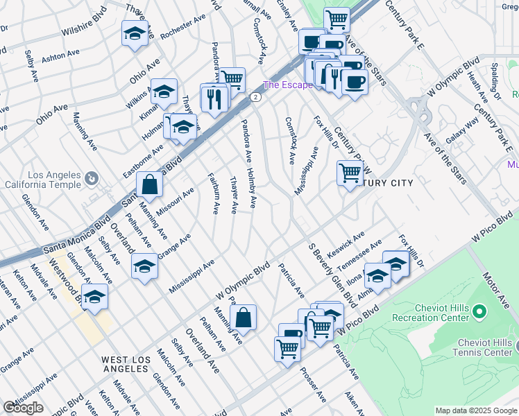 map of restaurants, bars, coffee shops, grocery stores, and more near 2032 Holmby Avenue in Los Angeles