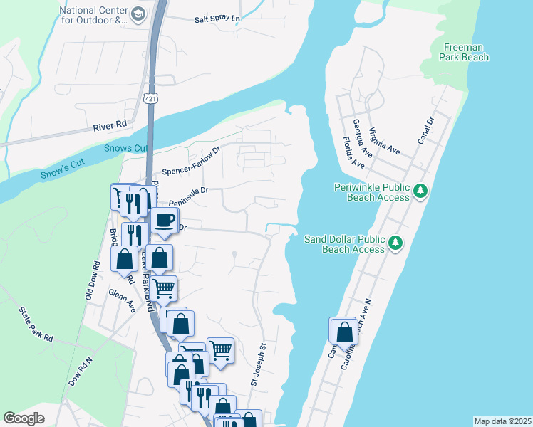 map of restaurants, bars, coffee shops, grocery stores, and more near 100 Teakwood Drive in Carolina Beach