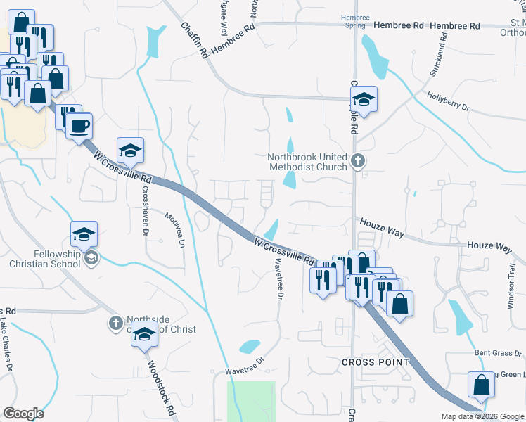 map of restaurants, bars, coffee shops, grocery stores, and more near 2023 Towneship Way in Roswell