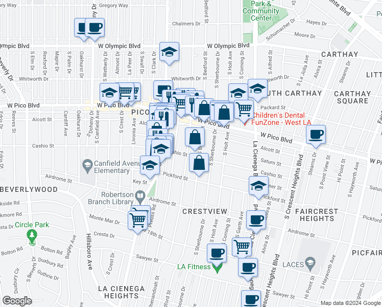 map of restaurants, bars, coffee shops, grocery stores, and more near 1508 South Shenandoah Street in Los Angeles