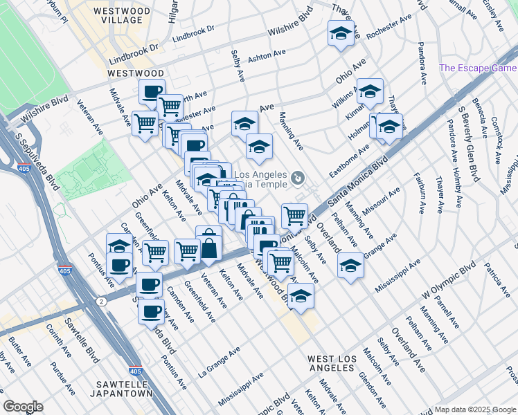 map of restaurants, bars, coffee shops, grocery stores, and more near 1730 Glendon Avenue in Los Angeles