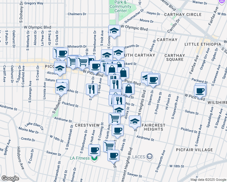map of restaurants, bars, coffee shops, grocery stores, and more near 8515 Saturn Street in Los Angeles