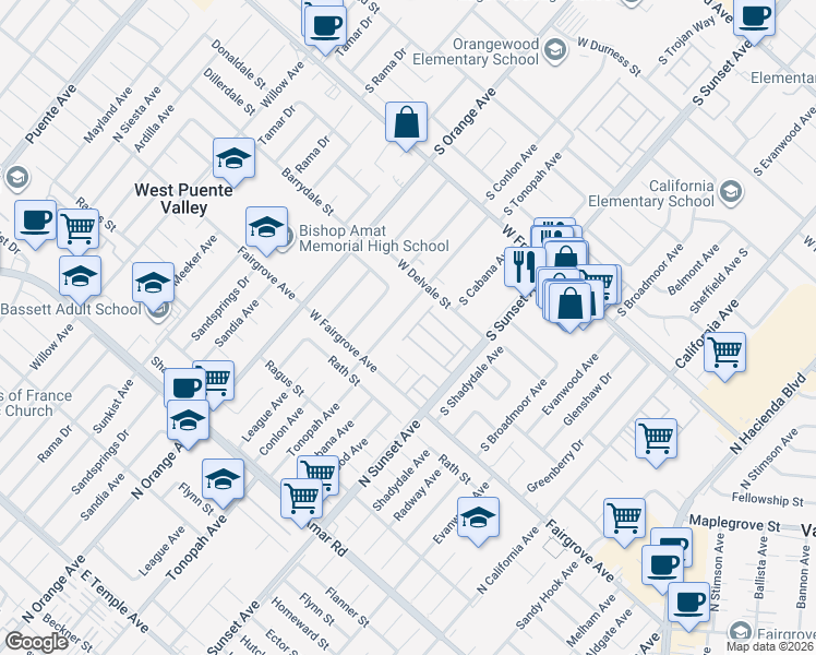 map of restaurants, bars, coffee shops, grocery stores, and more near 1931 South Starfall Drive in West Covina