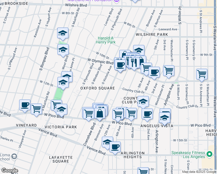 map of restaurants, bars, coffee shops, grocery stores, and more near 1140 Crenshaw Boulevard in Los Angeles