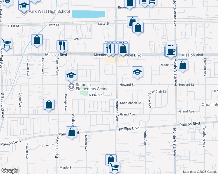 map of restaurants, bars, coffee shops, grocery stores, and more near 4429 Howard Street in Montclair