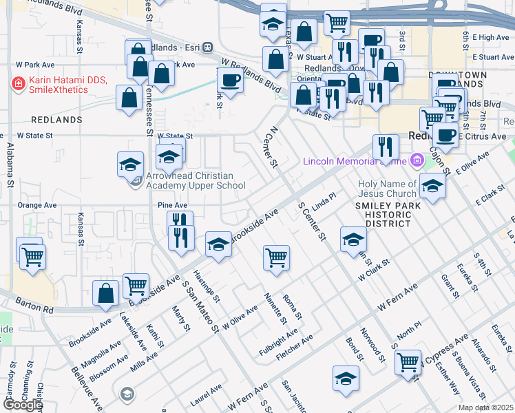 map of restaurants, bars, coffee shops, grocery stores, and more near 30 North Ash Street in Redlands