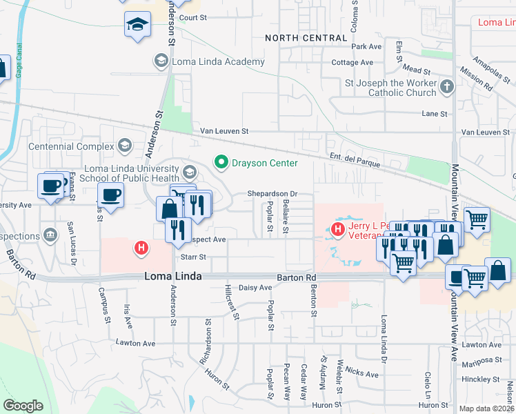 map of restaurants, bars, coffee shops, grocery stores, and more near 11109 Richmont Road in Loma Linda