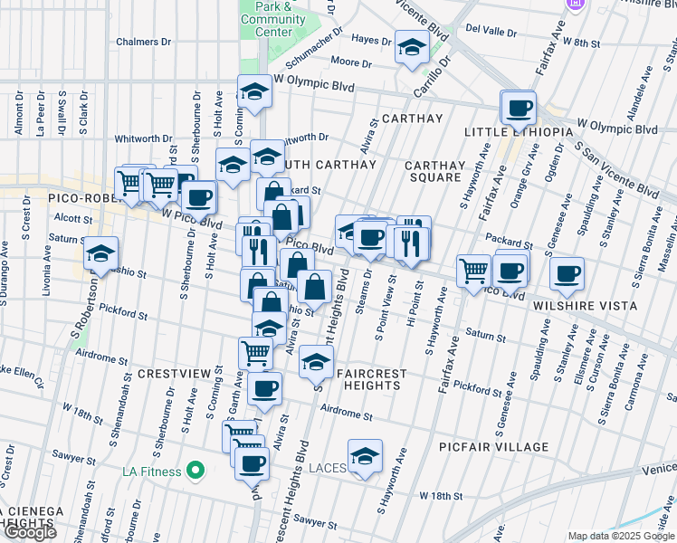 map of restaurants, bars, coffee shops, grocery stores, and more near 1417 South Crescent Heights Boulevard in Los Angeles